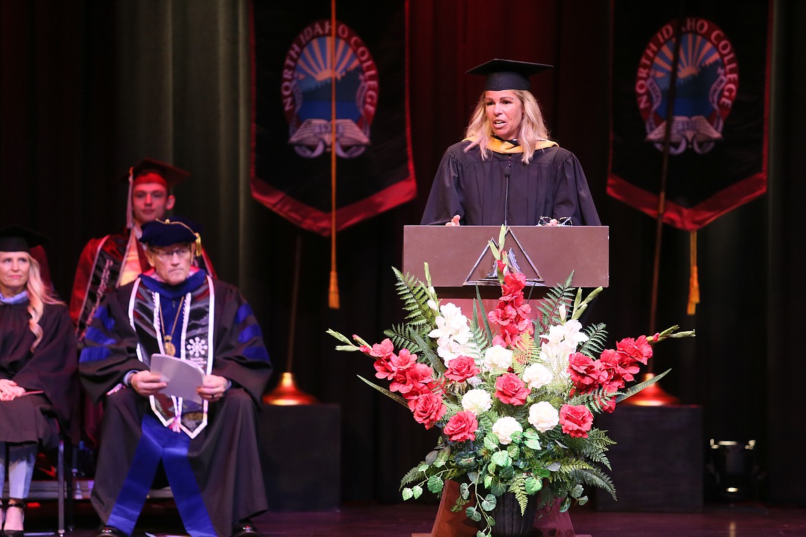 Idaho Superintendent of Public Instruction Debbie Critchfield shares well wishes and encouragement to North Idaho College's 2024 grads during Friday morning's commencement ceremony.