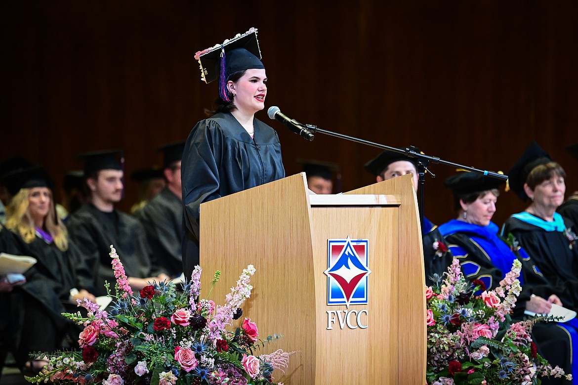 Lydia Osborne, an Associate of Arts graduate, gives the student address at Flathead Valley Community College's Class of 2024 commencement ceremony inside McClaren Hall at the Wachholz College Center on Friday, May 10. A total of 271 students were honored earning 292 degrees and certificates. (Casey Kreider/Daily Inter Lake)