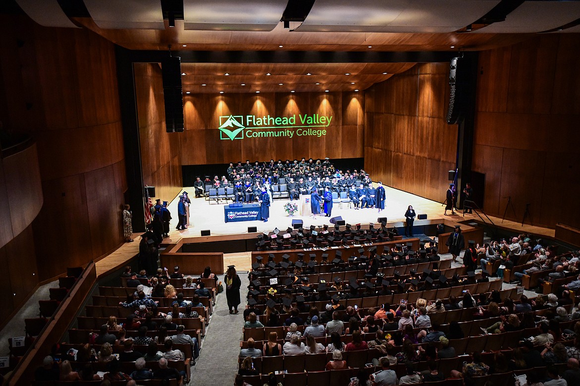 Graduates file onto the stage to receive their diplomas at Flathead Valley Community College's Class of 2024 commencement ceremony inside McClaren Hall at the Wachholz College Center on Friday, May 10. A total of 271 students were honored earning 292 degrees and certificates. (Casey Kreider/Daily Inter Lake)