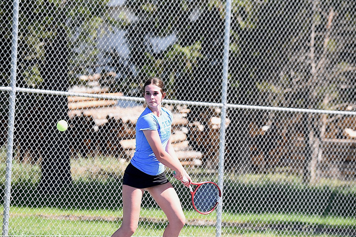 Libby's Claire Fantozzi returns a shot against Ronan Saturday, May 11, 2024. (Scott Shindledecker/The Western News)