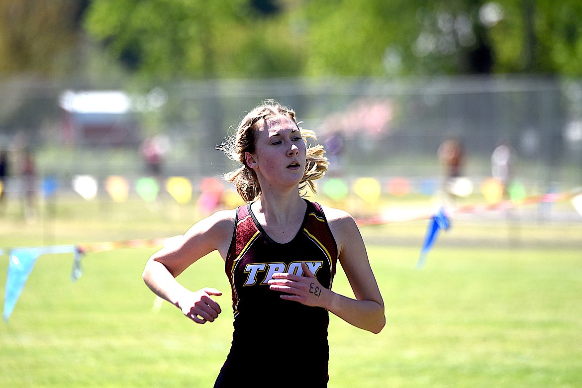 Troy's Jaylee Meyers competes in the 1,600-meter run in the District 7B Meet Saturday, May 11, 2024 in Libby. (Scott Shindledecker/The Western News)