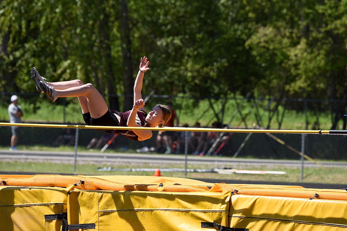 Troy's Sarah Rogers competes in the high jump in the District 7B Meet Saturday, May 11, 2024 in Libby. (Scott Shindledecker/The Western News)