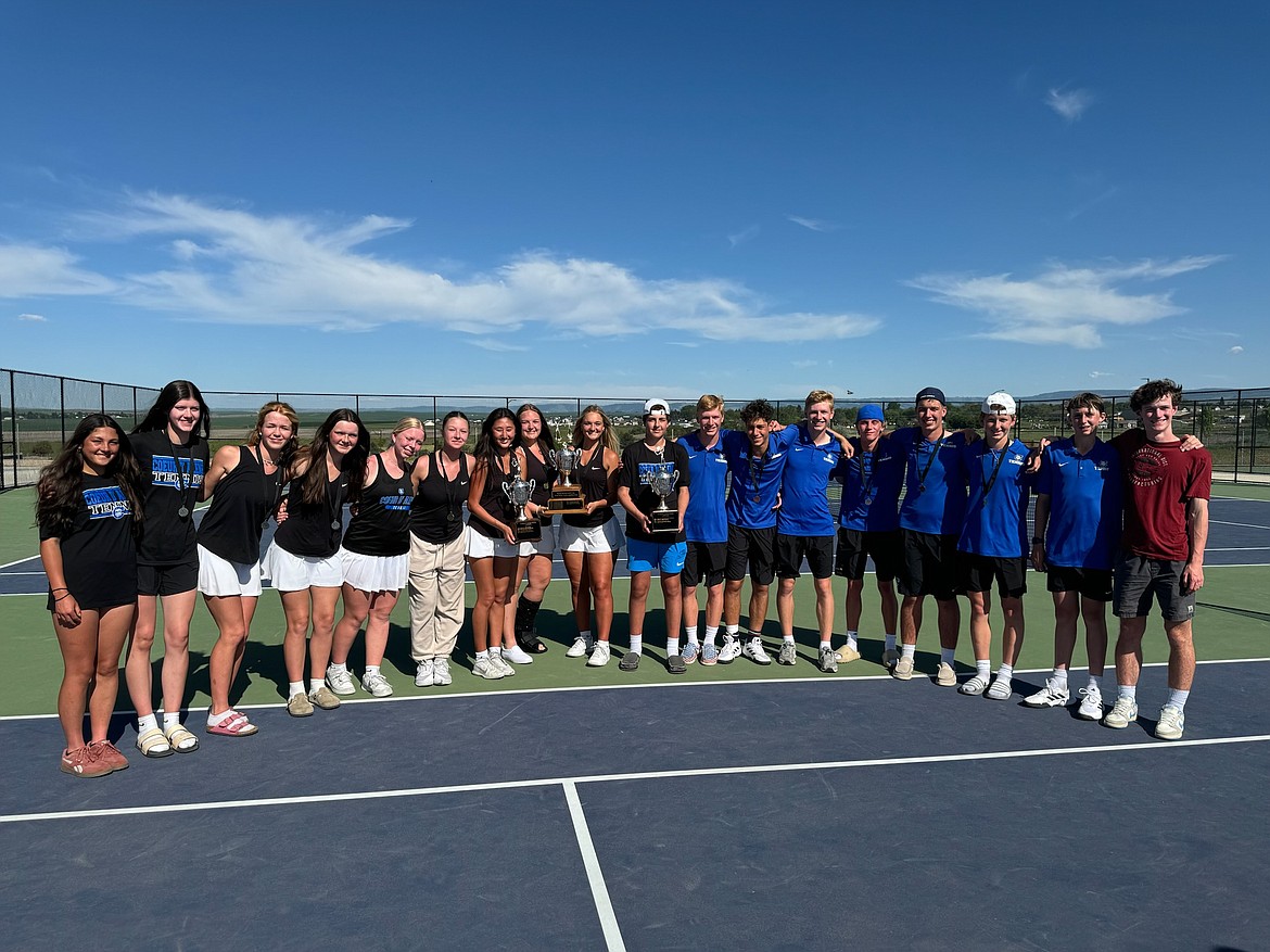 Courtesy photo
The Coeur d'Alene High tennis team swept the 5A Region 1 team titles as the tournament concluded on Saturday at Lewiston High. From left are Caitlin Combes, Camden Cotant, Julia Johnson, Maddie Hunt, Krysten Moore, Katie Shell, Grace Priest, Kalli DeLeonard, Ella Morton, Grant Johnson, Cooper Irwin, Roberto Ledda, Payson Irwin, Elijah Rabel, Luke May, Connor Judson, Sam Mandel and Nathan Pulsipher. Not pictured are Aiden Antal and Eden Stephens.