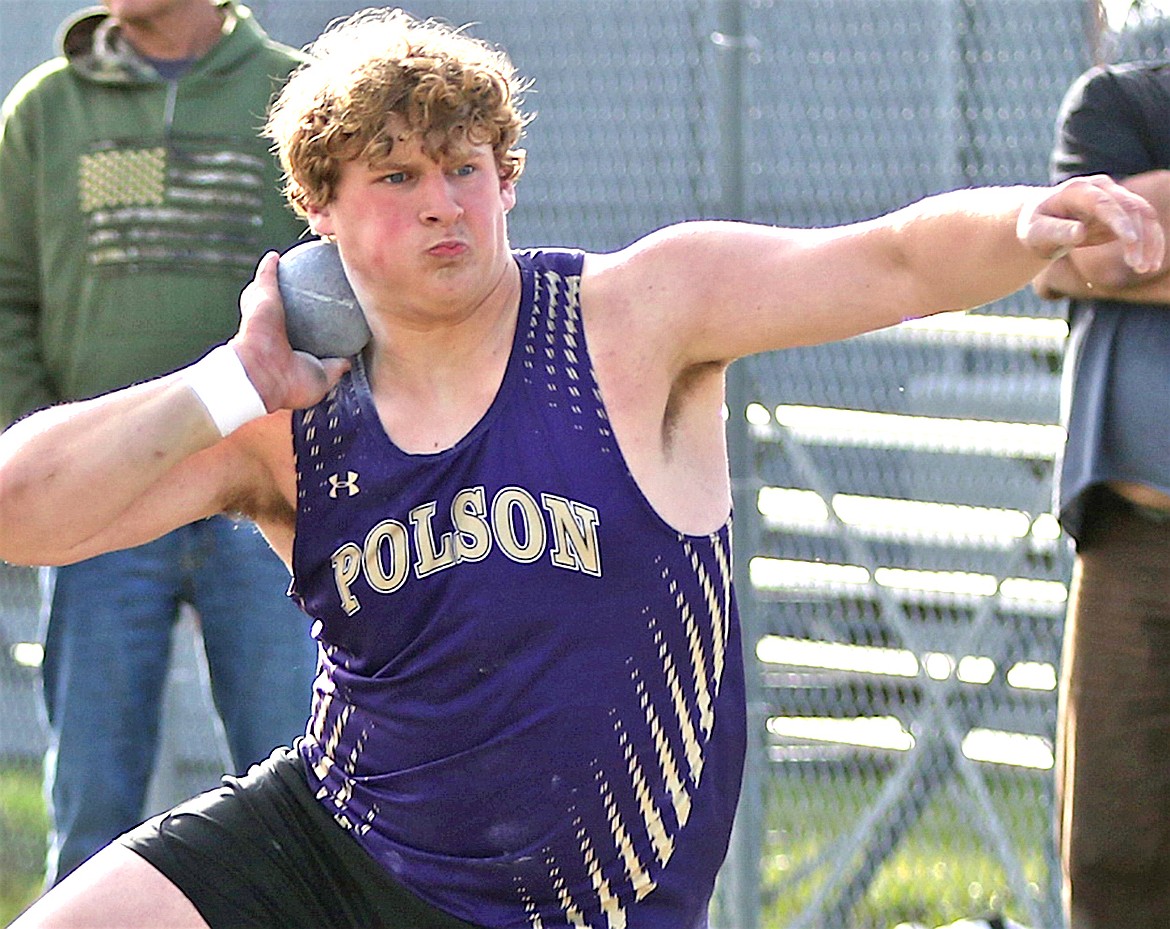 Pirate Astin Brown, shown here at Polson's Booster Club meet, took third place in shot put at State. (Bob Gunderson photo)