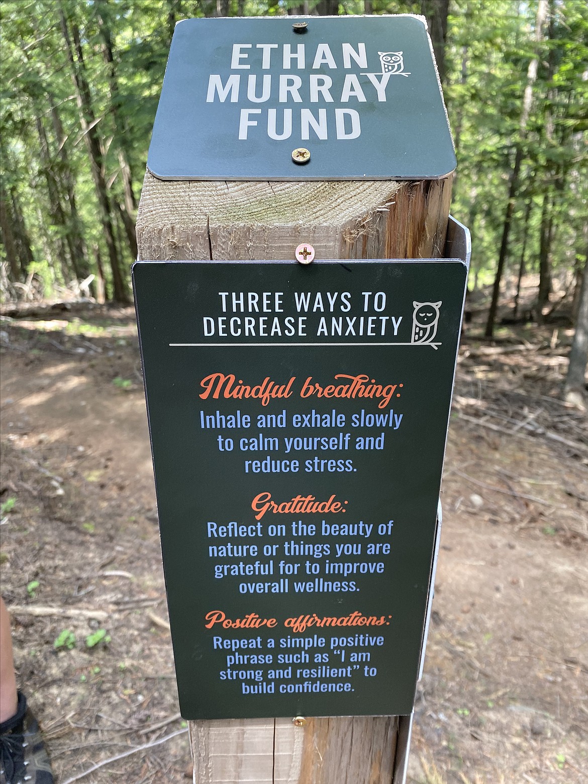 A trail post on the Pine Street Woods' Owl Trail recognizes Ethan Murray Fund as a KLT partner sponsor and features a trailside mental health message.