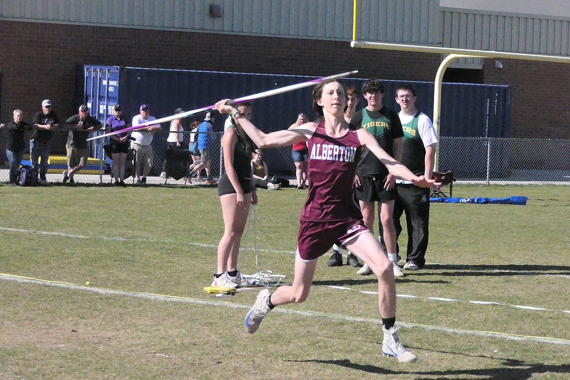 Alberton's Shea Fredette releases the javelin during the District 14 track and field championship this past weekend at Missoula County Public Stadium in Missoula.  (Chuck Bandel/VP-MI)