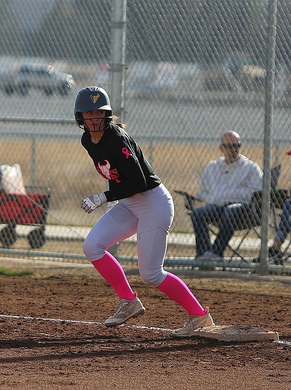 Moses Lake senior Mikayla Schwartz leads off of first base during a prior match against Eastmont. Over the weekend, she drove in a run on an RBI to put the Mavs in the lead of the game they won in the doubleheader against Eastmont.