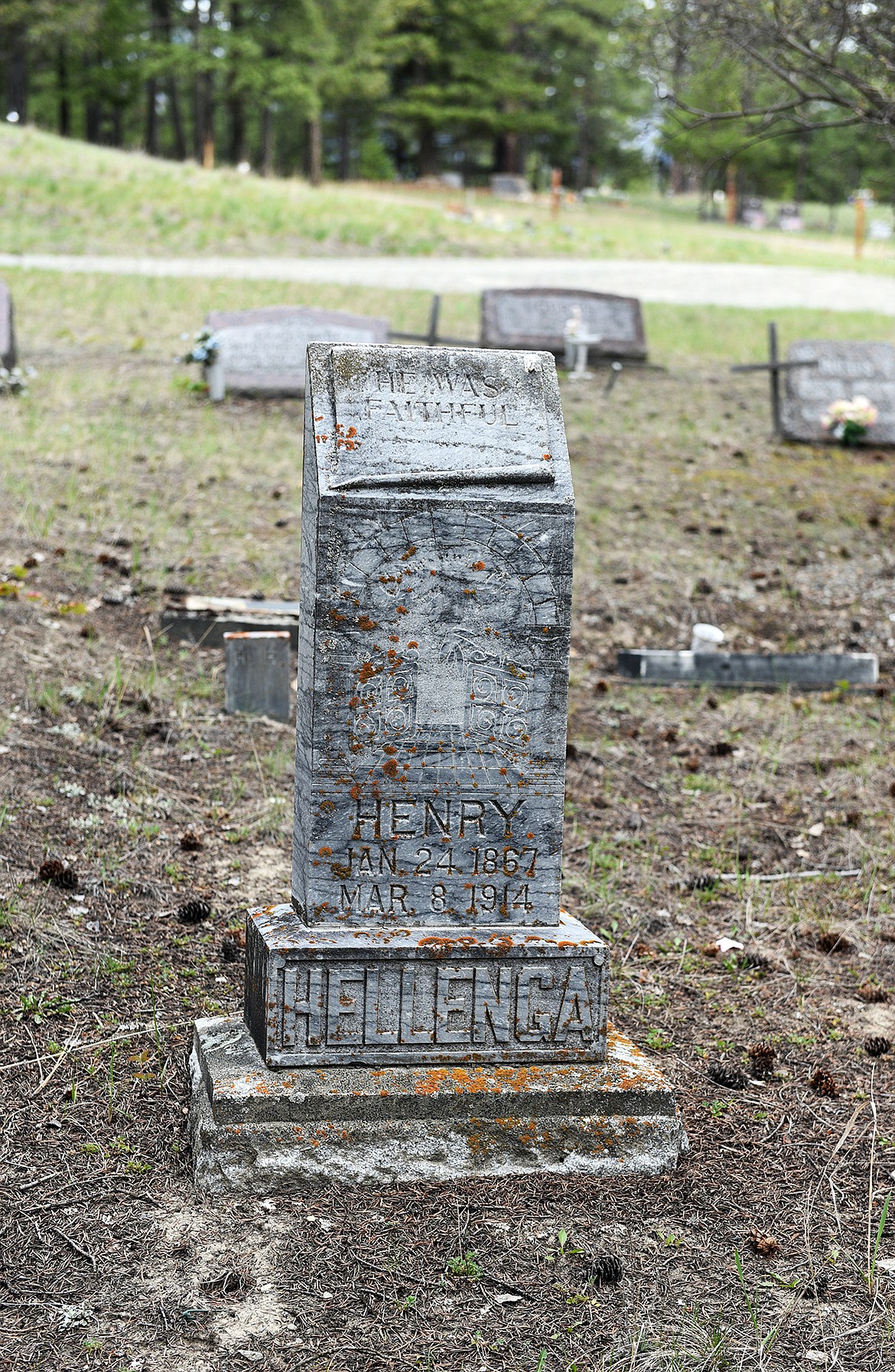 The headstone of Henry Hellenga, the first person buried at the Fortine/Trego cemetery. (Julie Engler/Whitefish Pilot)