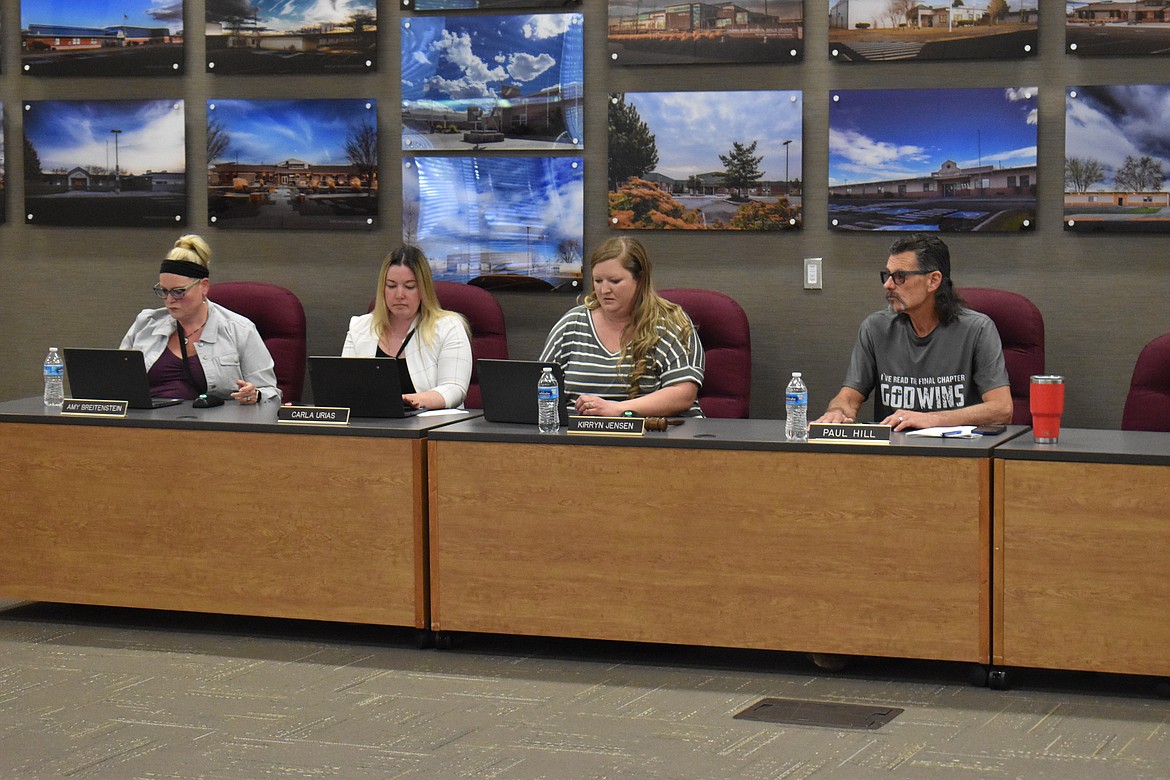 From left: Moses Lake School Board Member Amy Brieitenstein, Member Carla Urias, President Kirryn Jensen and Member Paul Hill voted unanimously at a special meeting Tuesday to place Superintendent Monty Sabin on administrative leave.