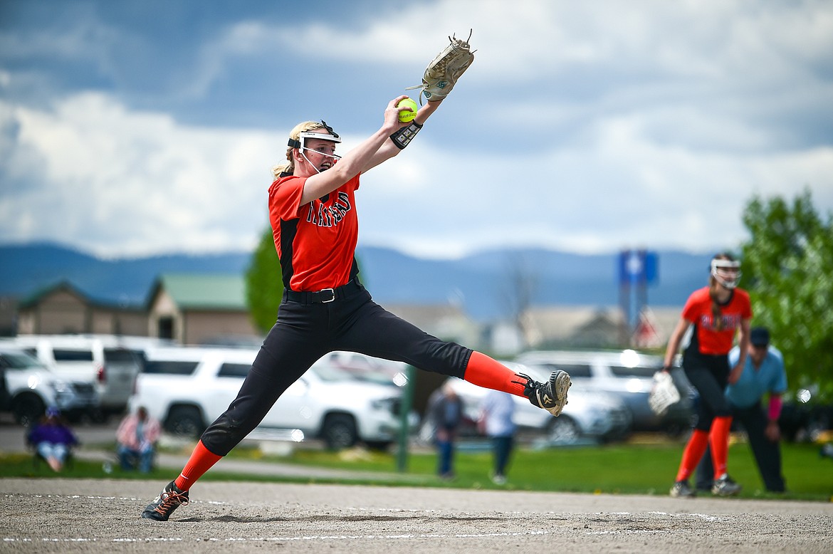 Flathead pitcher Lacie Franklin (22) delivers in the first inning of the Bravettes’ first game against Butte at Kidsports Complex. Franklin threw all 13 innings for Flathead on Tuesday. (Casey Kreider/Daily Inter Lake)