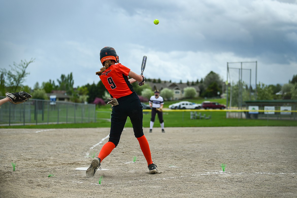 Flathead's Kinsey Lake (9) drives a triple into the opposite field in the second inning against Butte at Kidsports Complex on Tuesday, May 14. (Casey Kreider/Daily Inter Lake)