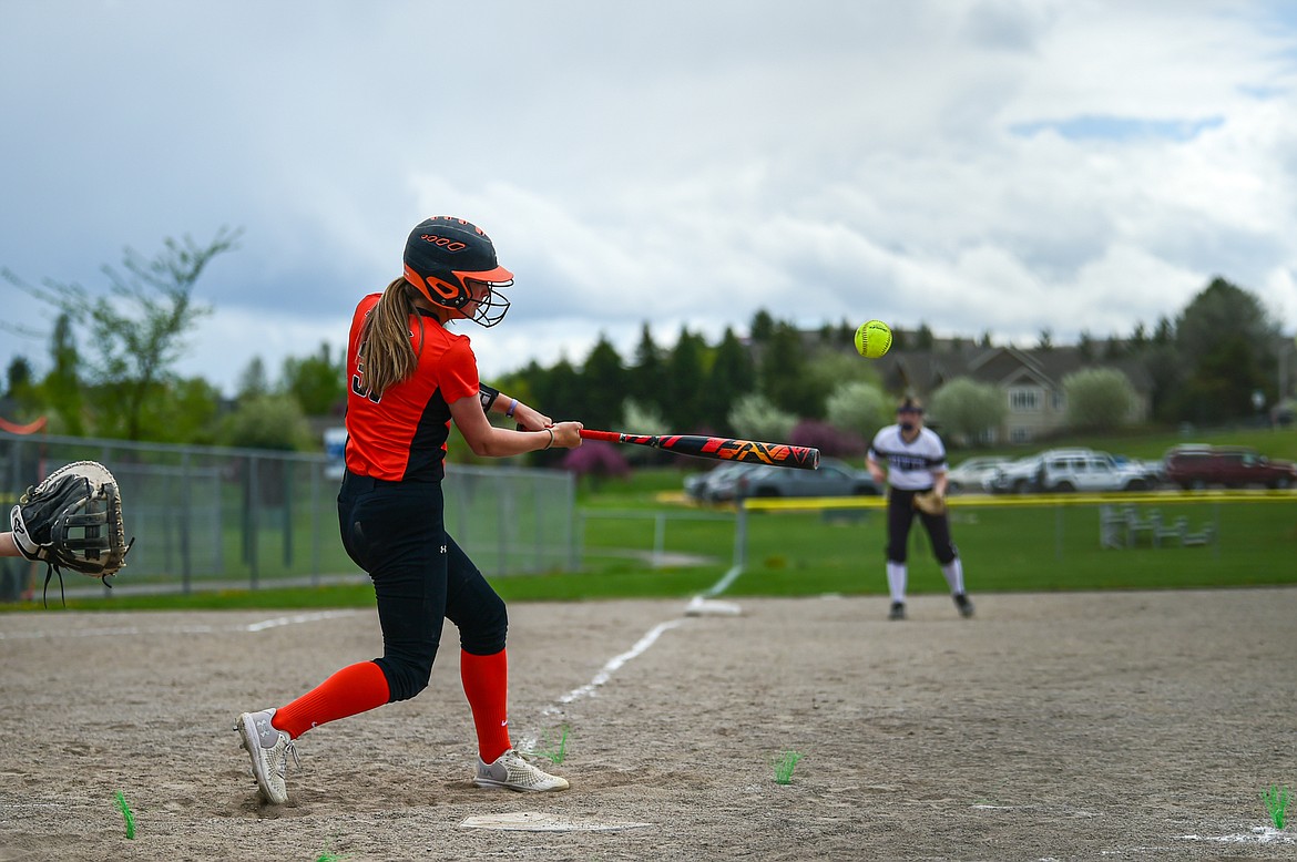 Flathead's Sawyer VanCampen (31) connects on a single against Butte at Kidsports Complex on Tuesday, May 14. (Casey Kreider/Daily Inter Lake)