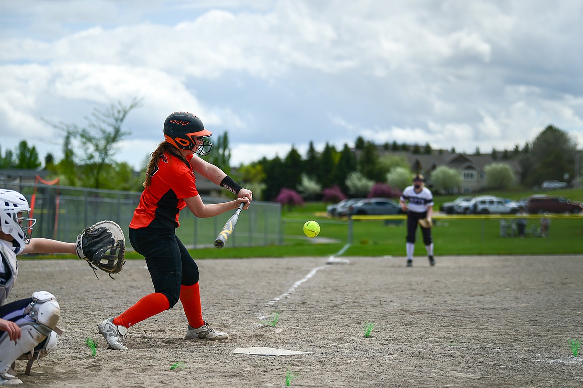 Flathead's Laynee Vessar (12) connects on a single against Butte at  Kidsports Complex on Tuesday, May 14. (Casey Kreider/Daily Inter Lake)