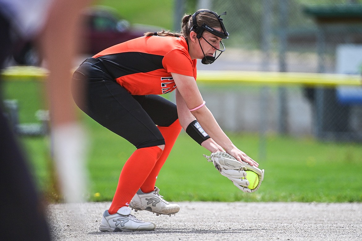 Flathead third baseman Kaidyn Lake (10) snares a hard-hit grounder and gets the force-out at second base in the first inning against Butte at Kidsports Complex on Tuesday, May 14. (Casey Kreider/Daily Inter Lake)