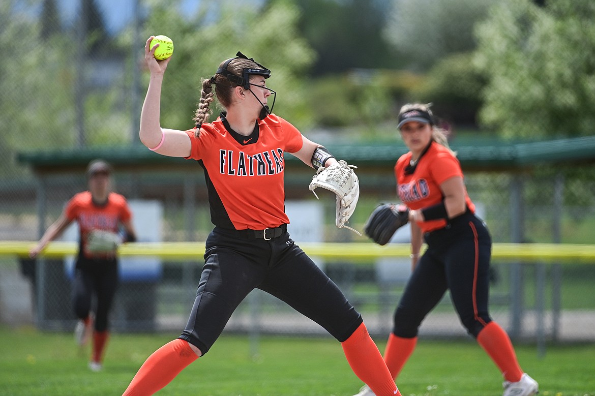 Flathead third baseman Kaidyn Lake (10) snares a hard-hit grounder and gets the force-out at second base in the first inning against Butte at Kidsports Complex on Tuesday, May 14. (Casey Kreider/Daily Inter Lake)