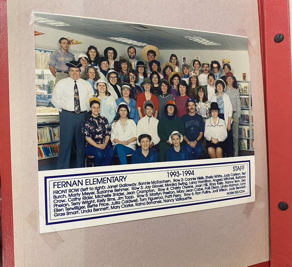 A photo of the first teaching staff at the elementary school when it was still Fernan Elementary.
Row 1: Janet Galloway, Bonnie McEachern
Row 2: Connie Wells, Shelly White, Judy Carlson, Teri Burch, Marty Meyer, Suzanne Behmer.
Row 3: Jay Glover, Monika Swing, Lana Hamilton, Angela Mitchell, Barbara Crow, Cathy Rider, Michelle Snider, Jean Crampton.
Row 4: Christy Owens, Joan Hill, Roxy Kelly, Nancy Ison, Lisa Phelan, Terry Wright, Kelly Sims, Jim Topp.
Row 5: Marilyn Preston, Mary Jean Cabe, Polli Dixon, Linda Hannon, Lynn Ellen Terwillger, Bette Price, Julla Caldwell, Tom Figueroa, Patti Perry. Row 6: Rob Pullins, Jodi Wilson, Judy Bennett, Grae Smart, Linda Bennett, Mary Clarke, Raina Bohanek and Nancy Vallquette.