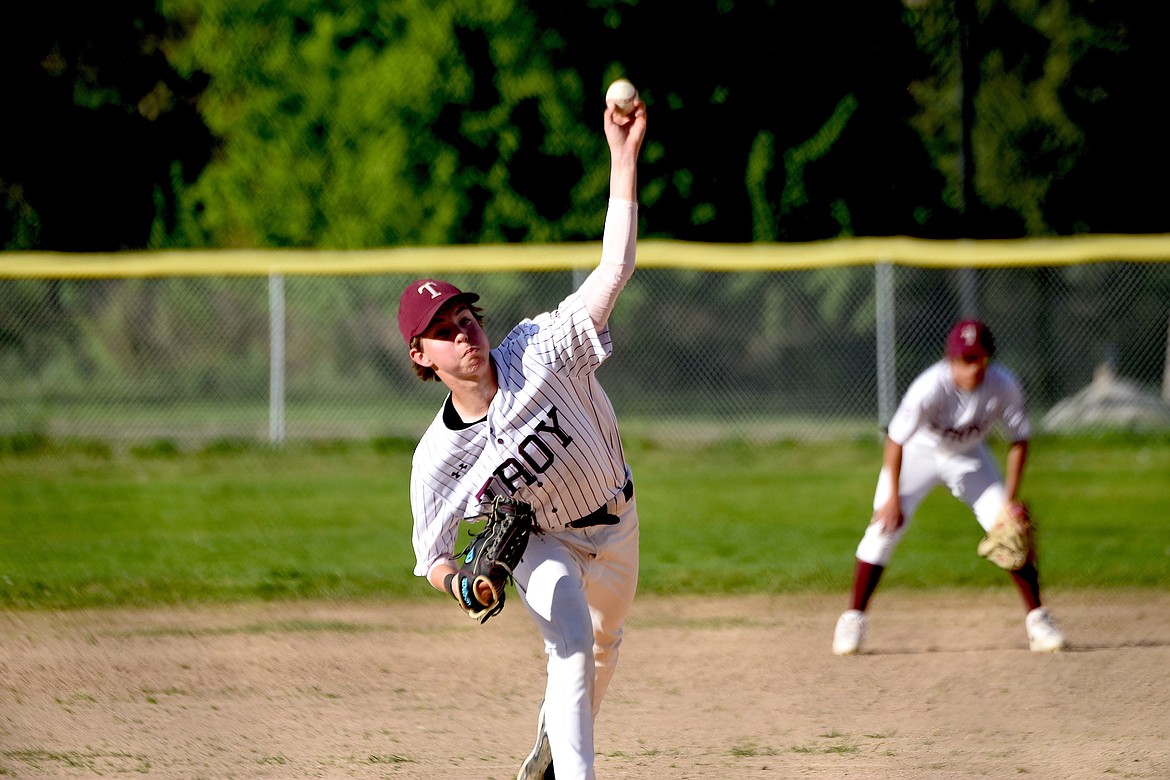 Troy relief pitcher Braxton Yeadon throws a pitch against Noxon on Tuesday, May 14, 2024. (Scott Shindledecker/The Western News)