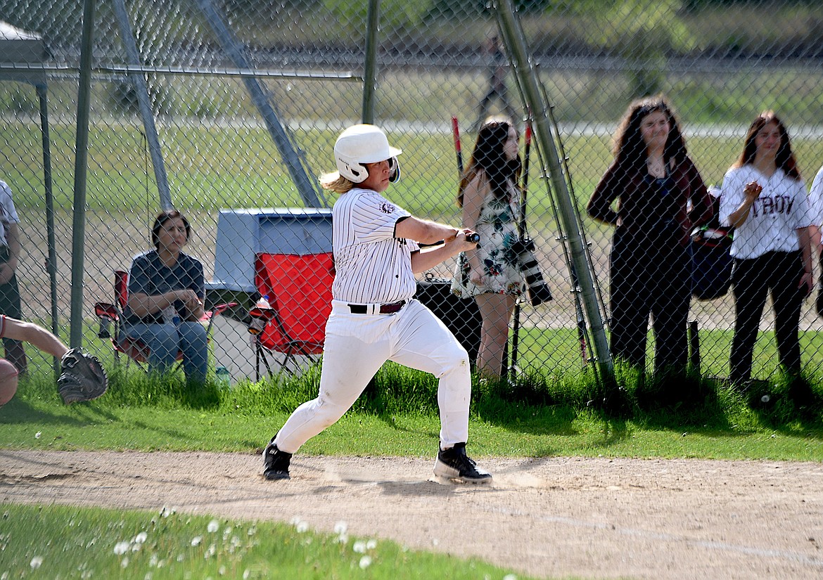 Troy's Cooper Carsley swings away against Noxon on Tuesday, May 14, 2024. (Scott Shindledecker/The Western News)