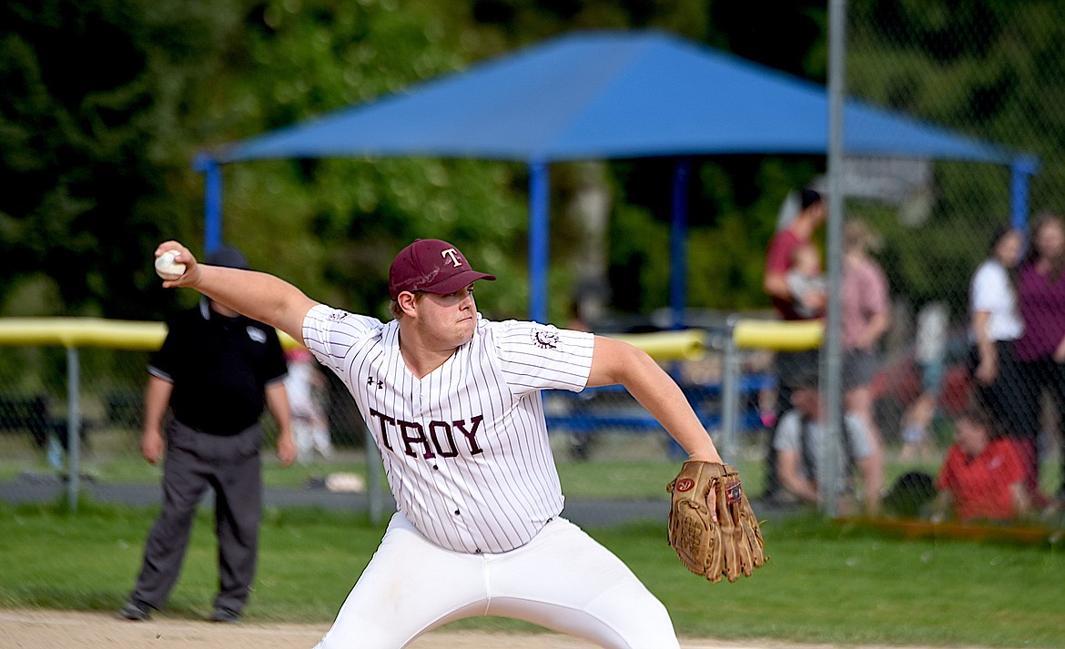 Troy starting pitcher Derek Cole throws a pitch against Noxon on Tuesday, May 14, 2024. (Scott Shindledecker/The Western News)