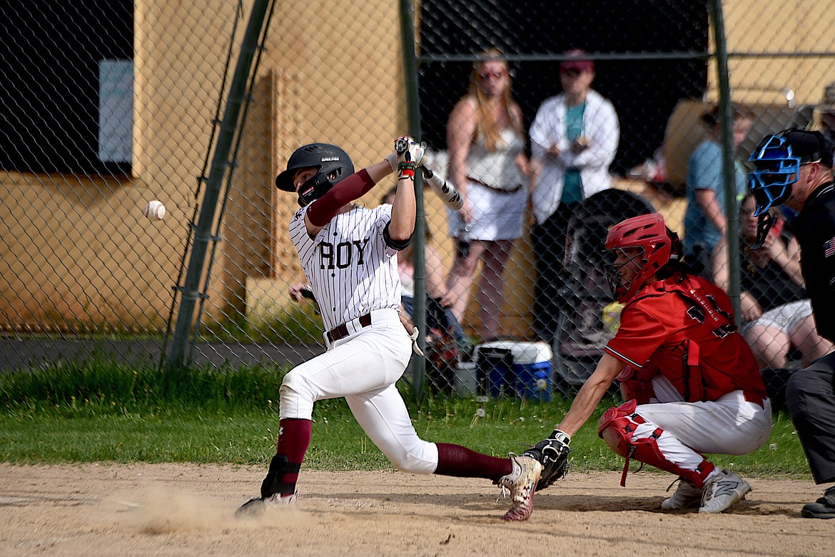 Troy's Mason Crowe fouls off a pitch against Noxon on Tuesday, May 14, 2024. (Scott Shindledecker/The Western News)