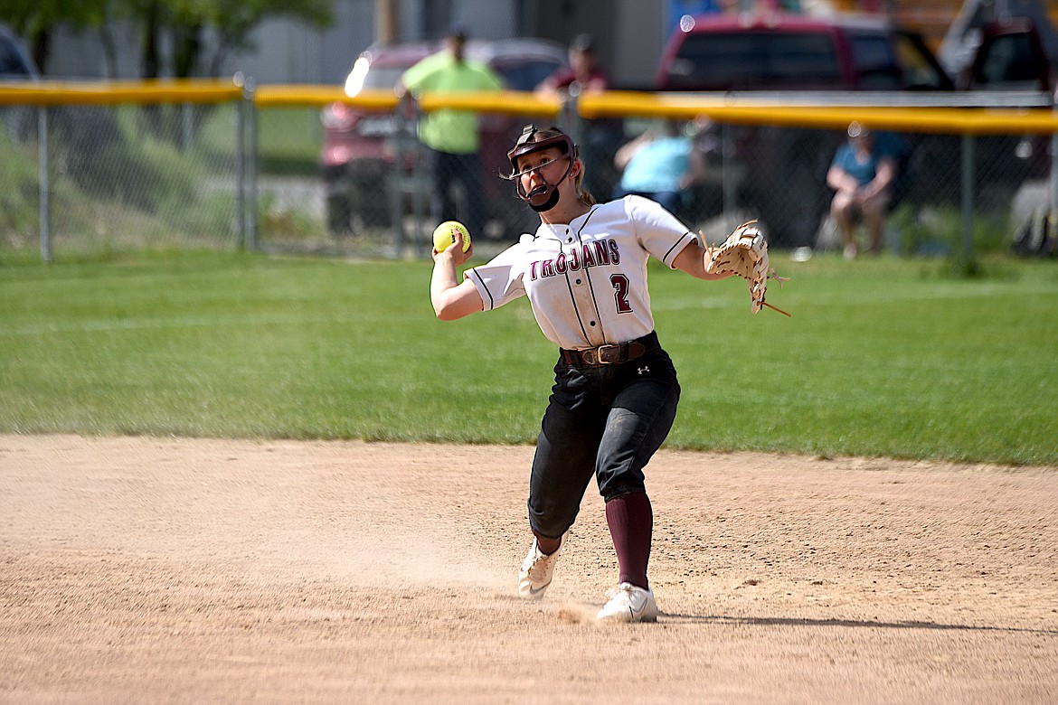 Troy short stop Leslie Gravier throws to first base for an out against Plains on Tuesday, May 14, 2024. (Scott Shindledecker/The Western News)