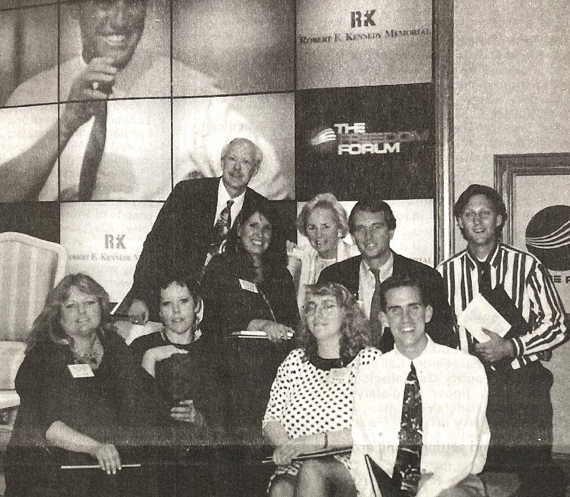 The NIC Sentinel staff receives the prestigious Robert Kennedy Journalism Award at Arlington, Va. Front row, from left: Kathy Hostetter, Lori Vivian, Patricia Snyder and Justin Smith. Top row: Instructor Nils Rosdahl, Christine LaBang, Ethel Kennedy, Robert Kennedy Jr. and Ryan Bronson.