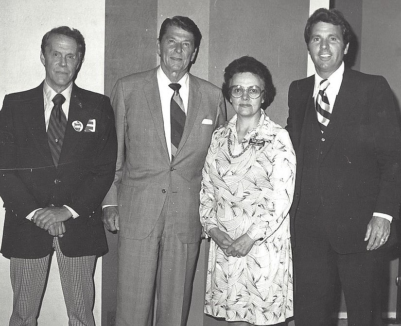 Ruthie Johnson, the “Grand Dame” of the local GOP, is shown in 1986 with President Ronald Reagan, U.S. senator Steve Symms, and her husband, Wayne.
