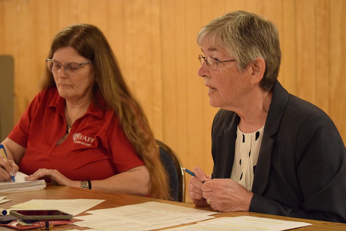 Lind Mayor Paula Bell, right, and Lind Town Clerk and Treasurer Barbara Pence, left, participate in discussion during Tuesday evening’s council meeting at Lind Community Church, which saw the Lind Town Council rescind its votes to vacate Bell’s position and appoint council member Jamie Schmunk as temporary mayor.