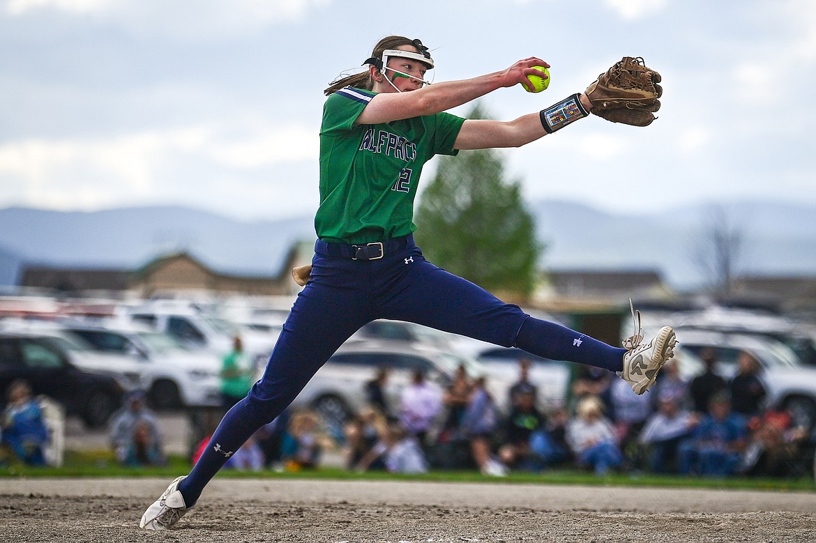 Glacier pitcher Ella Farrell (12) delivers against Flathead at Kidsports Complex on Thursday, May 16. (Casey Kreider/Daily Inter Lake)