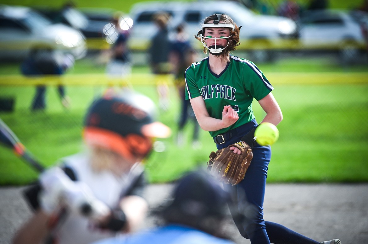 Glacier pitcher Ella Farrell (12) delivers against Flathead at Kidsports Complex on Thursday, May 16. (Casey Kreider/Daily Inter Lake)