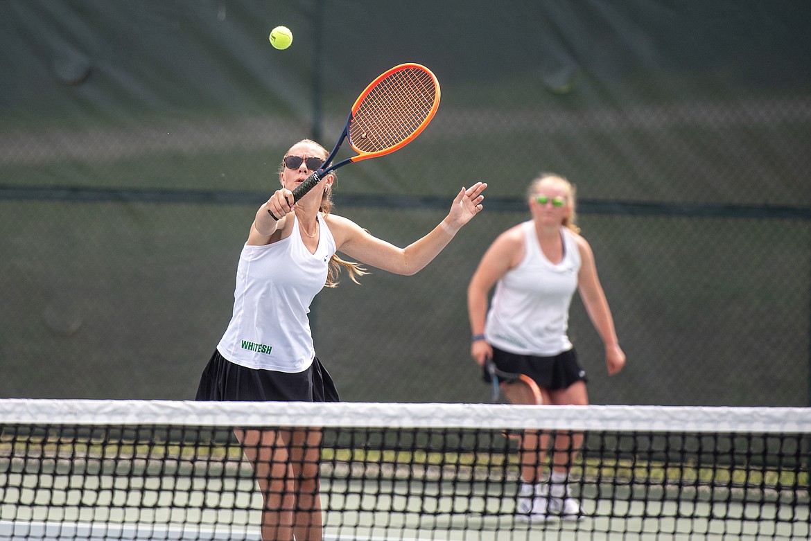 Whitefish Bulldog tennis players Maggie Mercer (front) and Ainsley Scott (back) placed 2nd in doubles at the NW A Divisional Tennis tournament. (Avery Howe Photo)