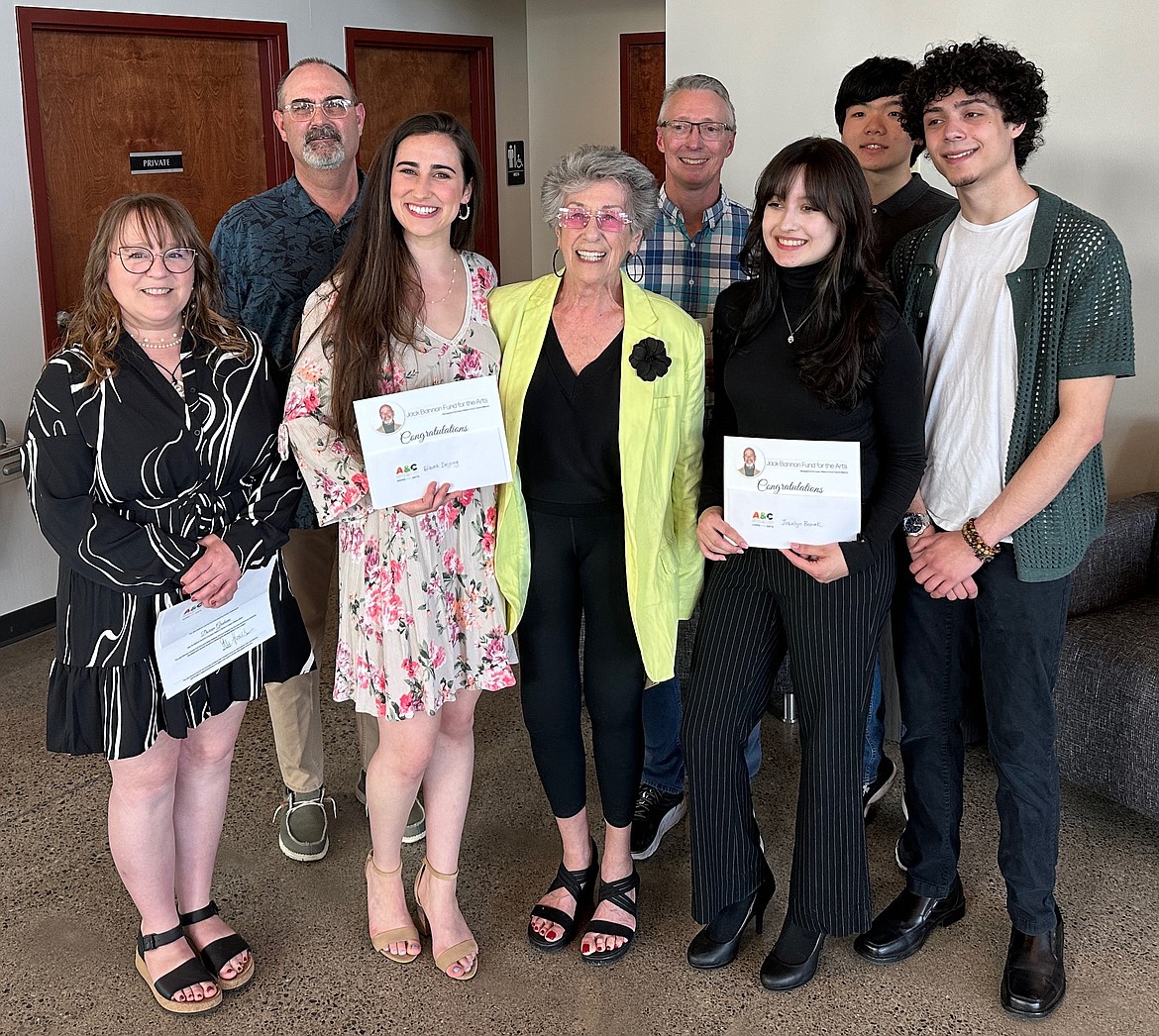 Ellen Travolta presents artists with Jack Bannon Fund for the Arts grant awards from Coeur d'Alene Arts and Culture Alliance. Pictured: Doreen Graham, Clint Whitset, Elaina DeJong, Ellen Travolta, Collin Hayes, Joslyn Benak, Aaron Prince and Minseo Hubbard.