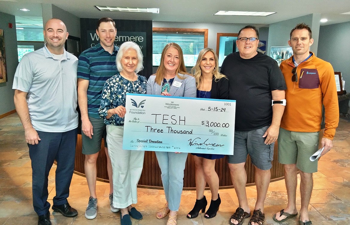 The Windermere Foundation-Coeur d'Alene donated $3,000 to TESH — a nonprofit agency that provides services to people with disabilities. Funds will be used to support Camp TESH, a 5-week summer camp attendance experience for TESH clients requiring intensive intervention and psycho-social rehabilitation. The camp will be a one-on-one paraprofessional supported fun camp. Pictured from left: Dan Hummer, Charlie Miller and Joan Genter, Windermere Realty-Coeur d'Alene agents; Marcee Hartzell, TESH CEO; and Shari Knudtsen, Eric Knudtsen and Drew Henley, Windermere Realty-Coeur d'Alene agents.