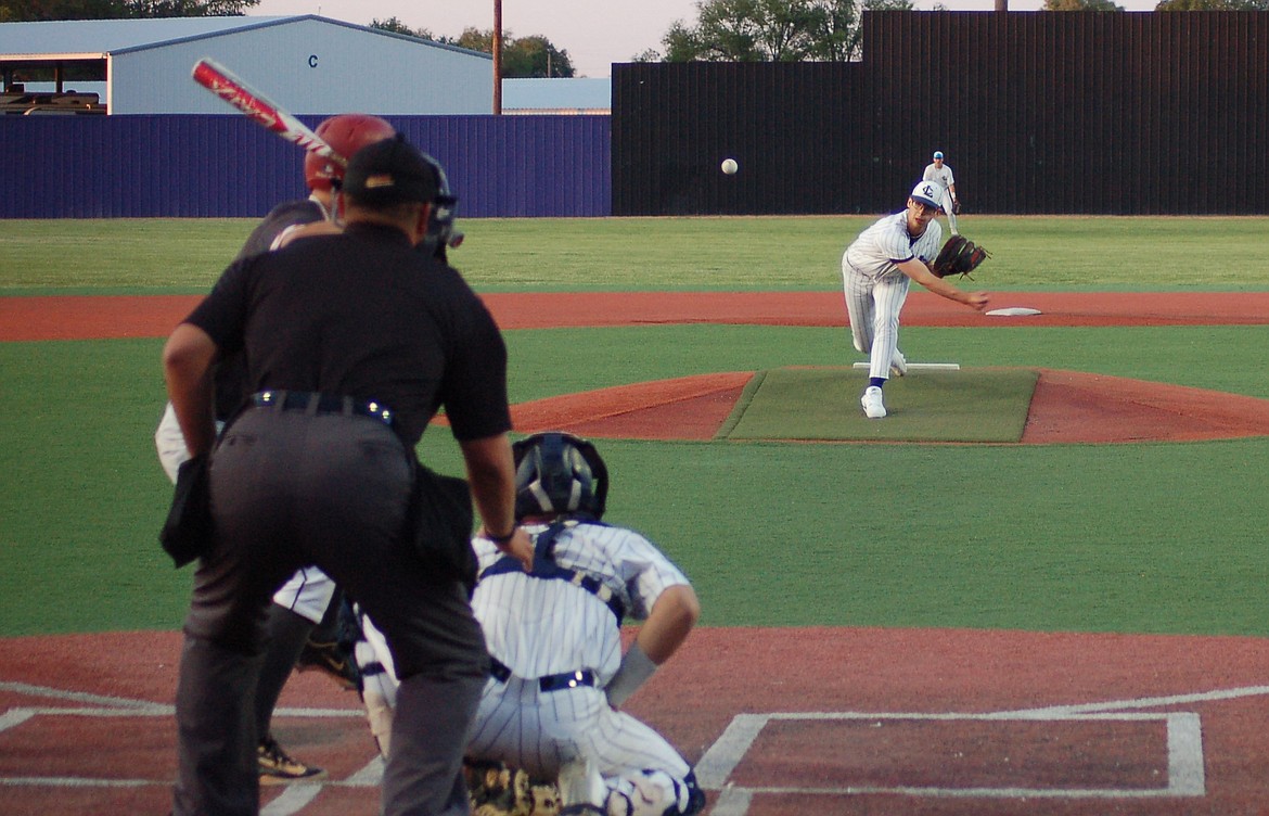 Photo by CANDICE SMITH
Lake City senior pitcher Cooper Reese delivers to Timberwolf senior catcher Cooper Smith during Friday night's state 5A semifinal baseball game vs. Owyhee at Wolfe Field in Caldwell.