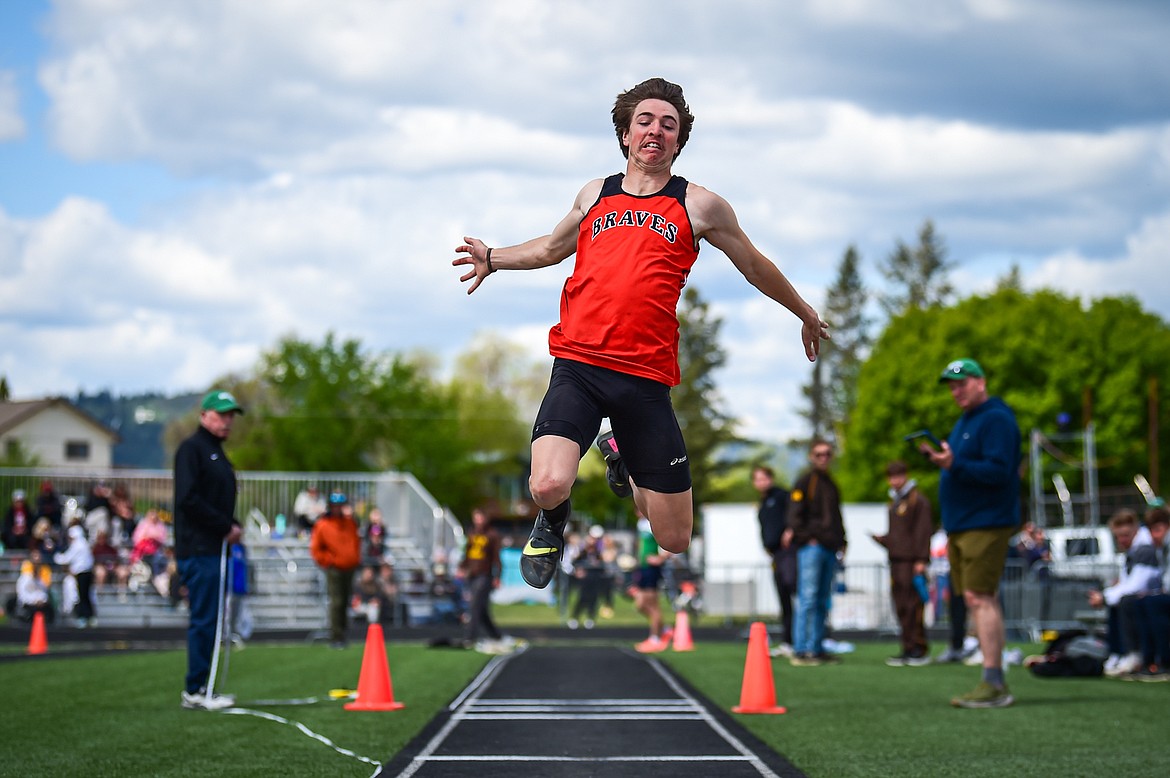 Flathead's Brody Thornsberry competes in the boys triple jump at the Western AA Divisionals at Legends Stadium on Saturday, May 18. Thornsberry placed sixth with a jump of 43'4". (Casey Kreider/Daily Inter Lake)