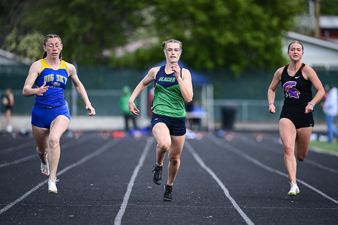 Glacier's Zeila Wagner took third place in the girls 100 meter run at the Western AA Divisionals at Legends Stadium on Saturday, May 18. (Casey Kreider/Daily Inter Lake)