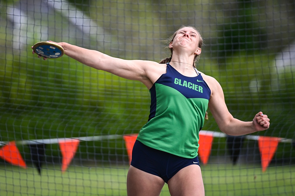 Glacier's Rylee Bigelow releases a throw in the girls discus at the Western AA Divisionals at Legends Stadium on Saturday, May 18. Bigelow placed second with a throw of 113'. (Casey Kreider/Daily Inter Lake)