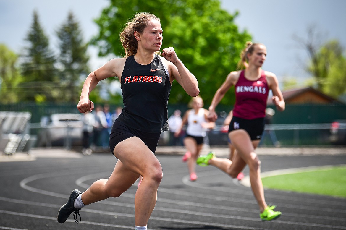 Flathead's Zoey Bortz runs to a sixth place finish in the girls 400 meter run at the Western AA Divisionals at Legends Stadium on Saturday, May 18. (Casey Kreider/Daily Inter Lake)