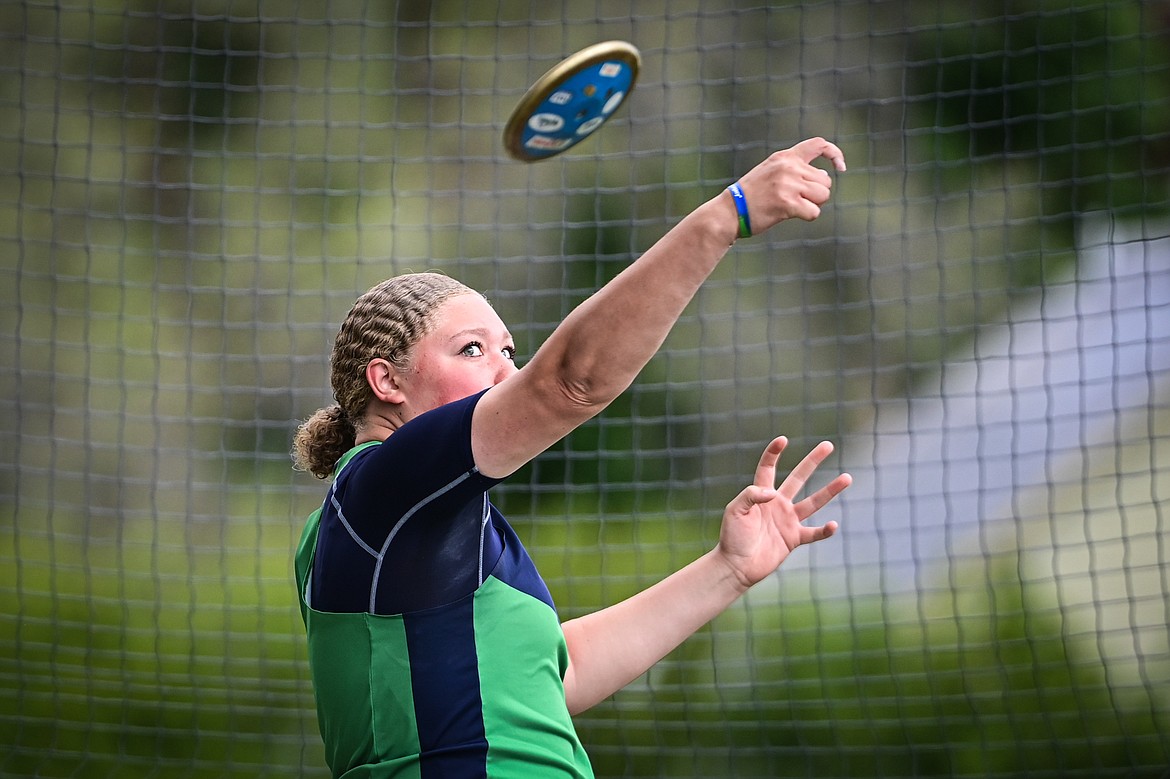 Glacier's Kai Johnson releases a throw in the girls discus at the Western AA Divisionals at Legends Stadium on Saturday, May 18. Johnson placed first with a throw of 119' 4".(Casey Kreider/Daily Inter Lake)