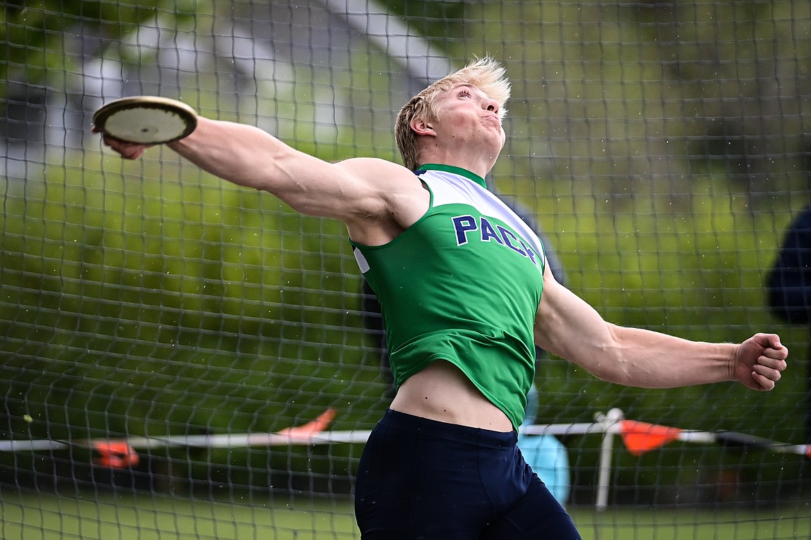 Glacier's Aiden Krause releases a throw of 193'8" for a first place finish in the boys discus at the Western AA Divisionals at Legends Stadium on Saturday, May 18. (Casey Kreider/Daily Inter Lake)