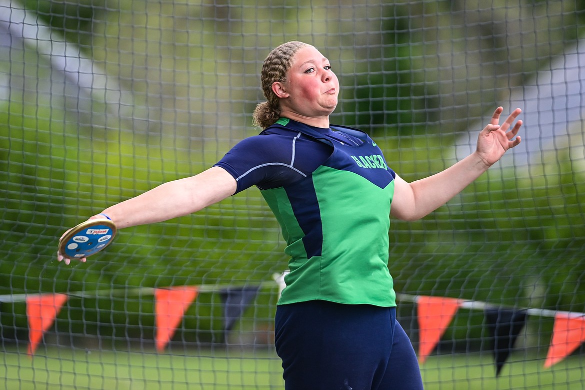 Glacier's Kai Johnson releases a throw in the girls discus at the Western AA Divisionals at Legends Stadium on Saturday, May 18. Johnson placed first with a throw of 119' 4".(Casey Kreider/Daily Inter Lake)