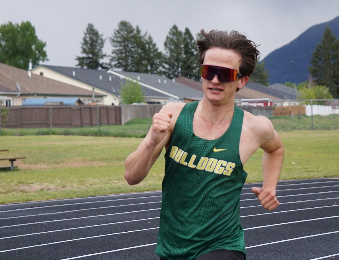 Junior Simon Douglas finished just .06 seconds behind Senior Jack Jensen of Bigfork. His time of 4:27.62 netted second place in the Men's Varsity 1600 meter run in Columbia Falls on Friday at the Western A Divisionals. (Matt Weller Photo)