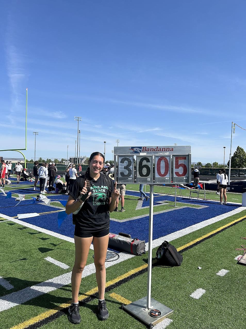 Courtesy photo
Lakeland High junior Ziya Munyer stands with the scoreboard after winning her second straight state 4A triple jump title with a mark of 36 feet, 5 inches on Saturday at Mountain View High in Meridian.