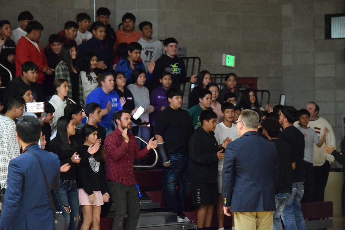 Superintendent of Public Instruction Chris Reykdal listens to Wahluke Junior High student house chants during an assembly at WJH Thursday. Reykdal voted on which group had the best chant during the assembly.