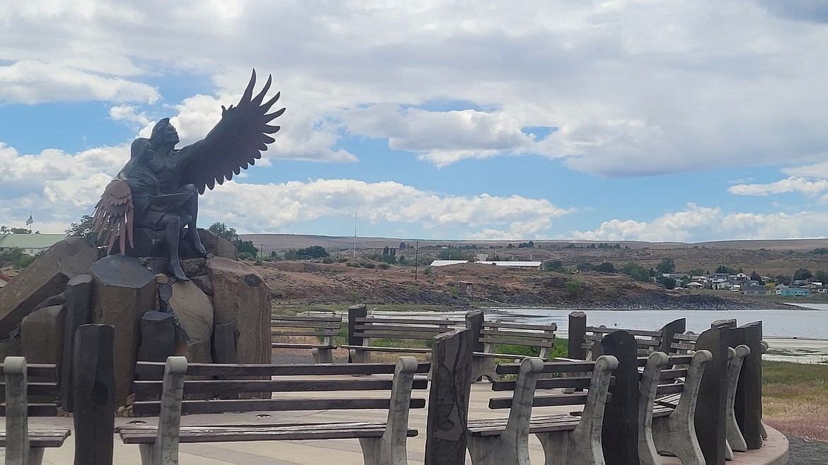 Sun shines and wind blows over the Calling the Healing Waters Sun Dial in Soap Lake Saturday afternoon. Wind last week caused reduced air quality and dust billows around the Columbia Basin.