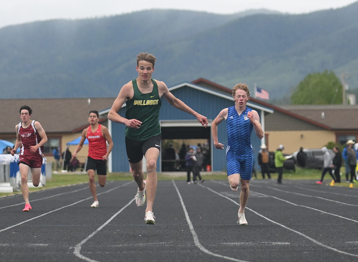 Whitefish Bulldog Carson Krack competes in the Men's Varsity 400m at the Western A Divisional meet. Krack's time of 50.35 earned him the second spot on the podium. (Chris Peterson/Hungry Horse News)