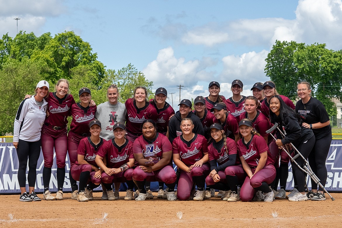 NIC ATHLETICS
The North Idaho College softball team finished runner-up in the Northwest Athletic Conference Championships at Delta Park in Portland on Sunday. IN the back row, from left are head coach Shay Chapman, Faith Nichols, Sophia Solberg, Madelynne Hommel, Corine Doran, Emily Schulhauser, Kennedy Hobson, Delaney Gosch, Karaline Pfeifer, Tayler Thomas, Brooklyn Wullenwaber, Summer Makinster, Jaylyn Christensen, Kaylee Vieira, Haydyn Yanaguchi and assistant coach Megan Carver. In the front row are Karli Kostoff, Hayden Rockwell, Kani Korok, Kristine Schmidt, Hailey Hillman and Kennedy Jewell.