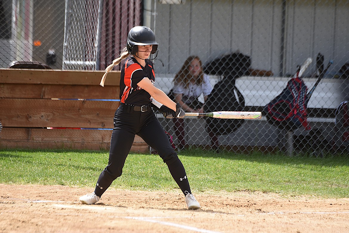 Plains senior Jaelyn Carr singles in the first inning of the Trotters play-in softball game with Troy last week in Troy.  (Photo by Scott Shindledecker)