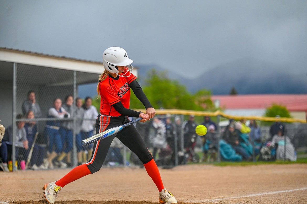 Maiden Ally Luedtke slices the ball during last week's Divisional tourney in Polson. The Maidens placed fifth and earned a trip to State. (Christa Umphrey photo)