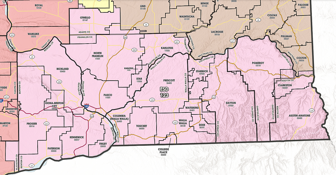 Highlighted in pink is the region that Washington Educational Service District 123 services; outlined within this region are all the 23 individual school districts ESD 123 serves, accounting for more than 70,000 students.